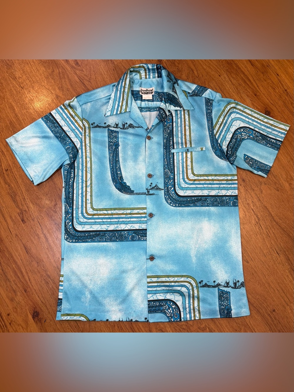 Vintage 60’s NAPILI Made In Hawaii Shirt Hawaiian Diamond Head Canoe Blue Aloha